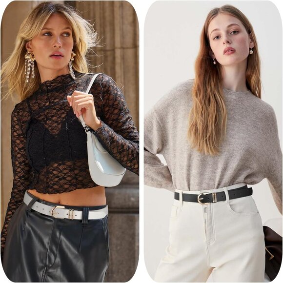 Pack 3 Women's Belts for Jeans Pants Gold Buckle Leather Belts Beige White - Picture 5 of 5